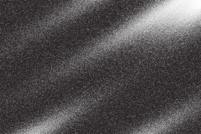 Noise black and white dots pattern with gradient. Grainy backdrop with lights and shadow effect. Abstract stipple halftone vector illustration.