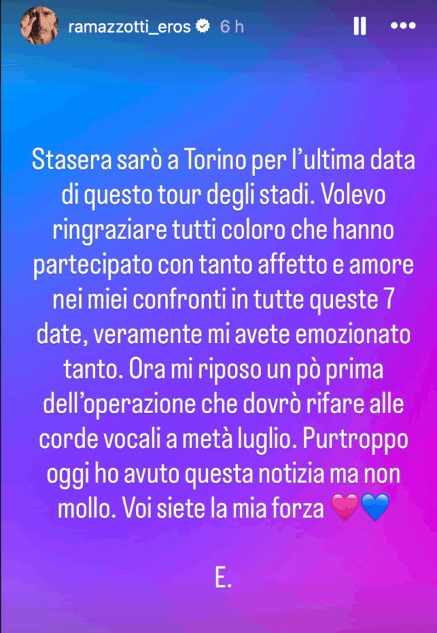 Eros Ramazzotti nuovo intervento corde vocali